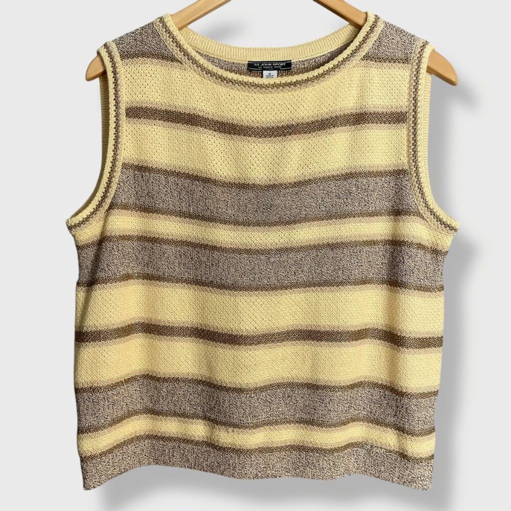 St. John Sport Knit Top Vintage Striped Maize Yellow Sleeveless Sweater Wool Med